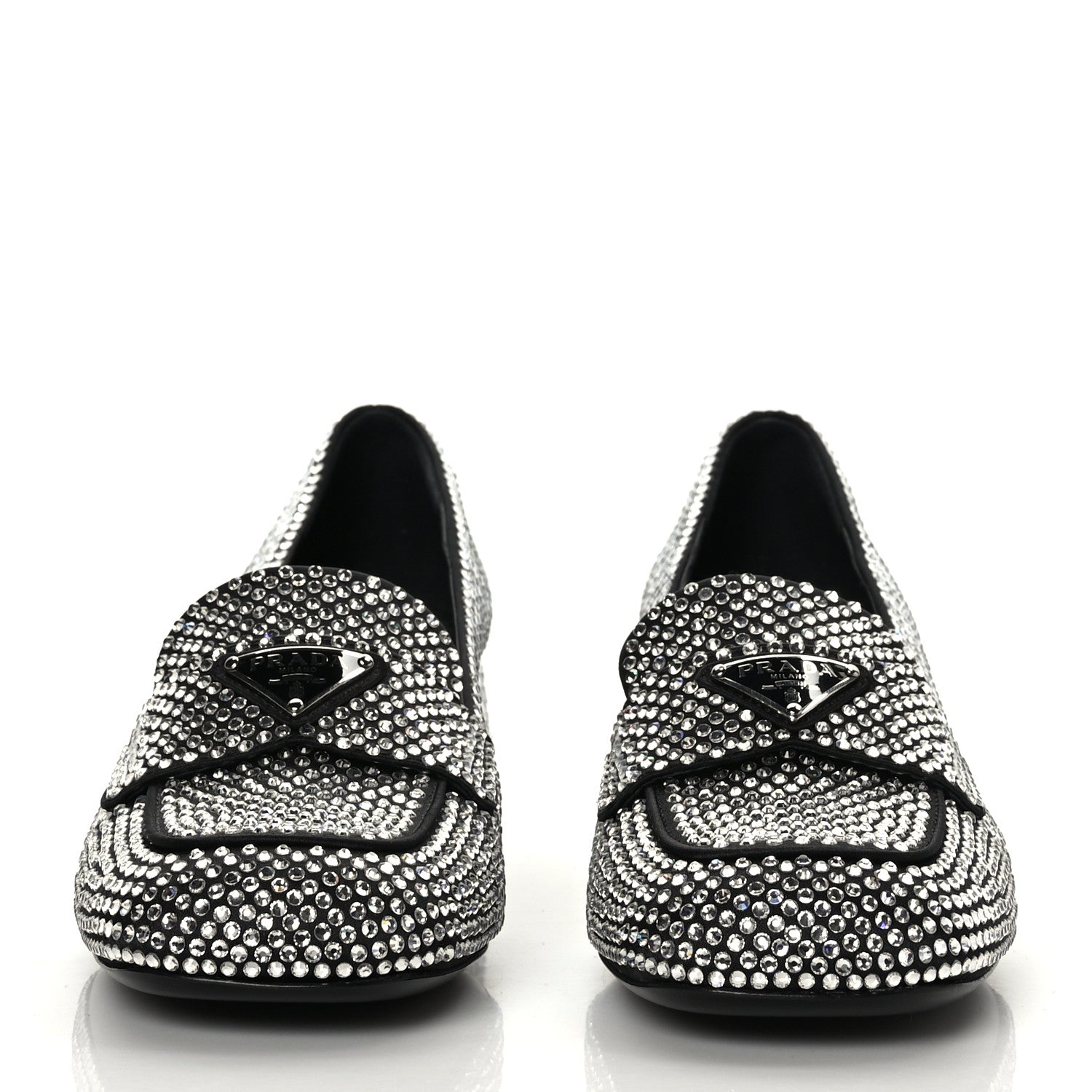 Prada Satin Crystal Metal Triangle Logo 45mm Block Heel Loafers 36.5 Cristal 2 of 7