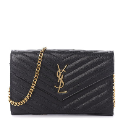 Saint Laurent Grain De Poudre Matelasse Chevron Monogram Chain Wallet Black 1 of 8