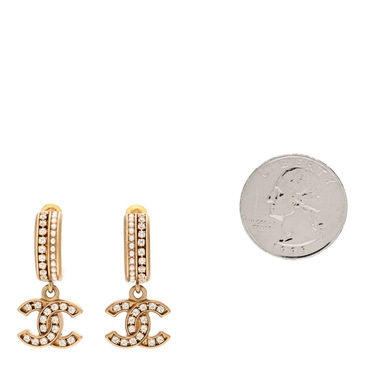 Crystal Pearl CC Hoop Drop Earrings Gold