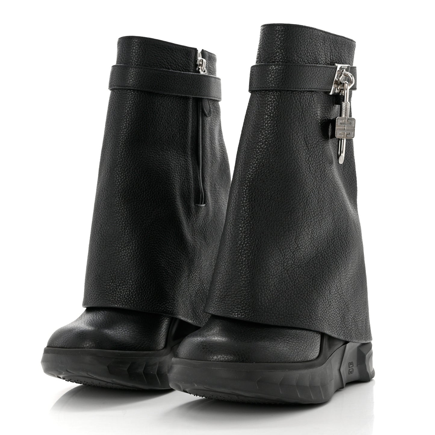 Grained Calfskin Shark Lock Biker Ankle Boots 41 Black