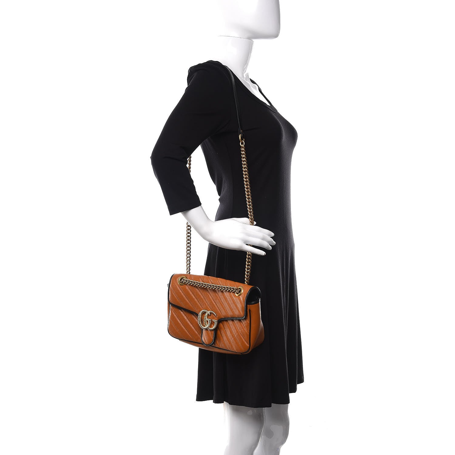 Gucci Vintage Effect Calfskin Matelasse Diagonal Small Torchon GG Marmont Shoulder Bag Cognac Black 3 of 9