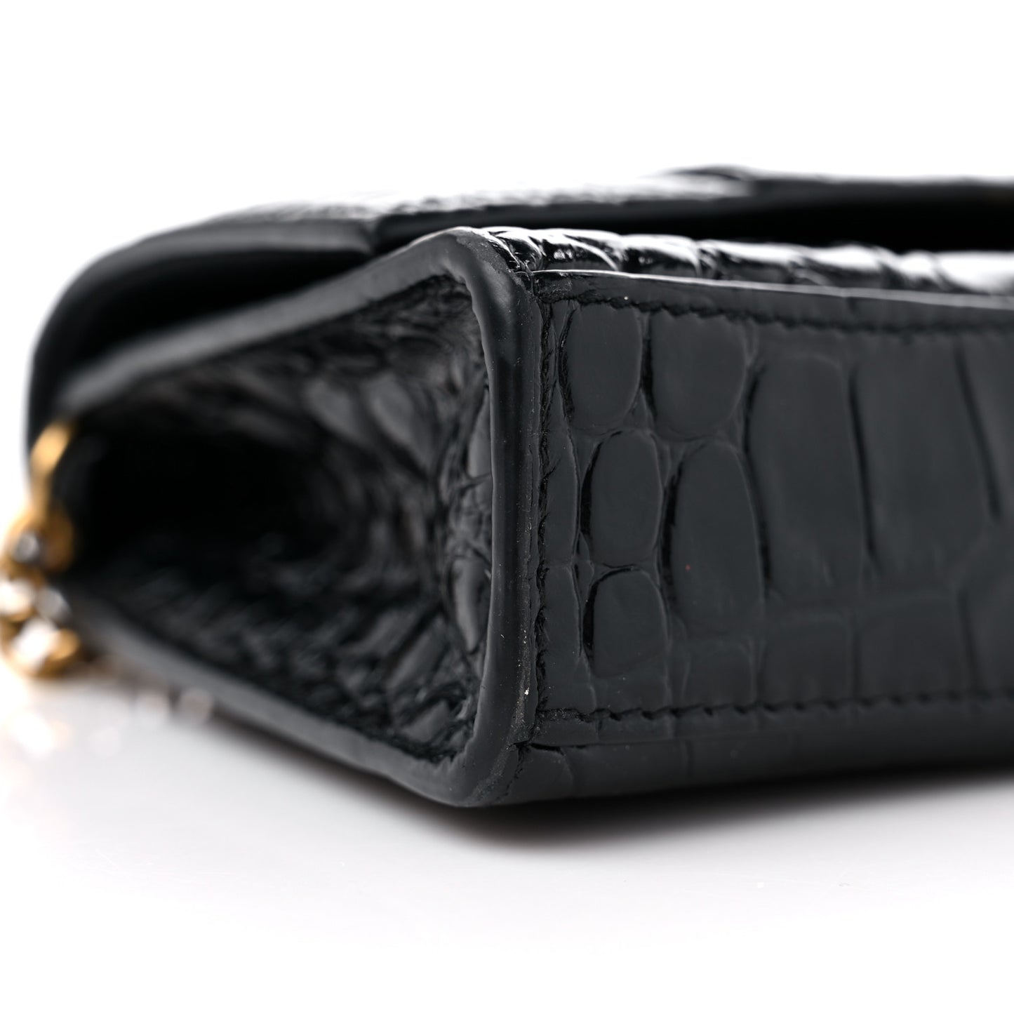 Shiny Calfskin Crocodile Embossed Hourglass Chain Bag Black