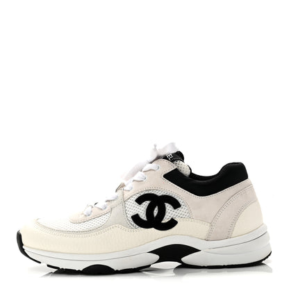 Chanel Mesh Suede Calfskin Grained Calfskin Womens CC Sneakers 38.5 White Black 1 of 9