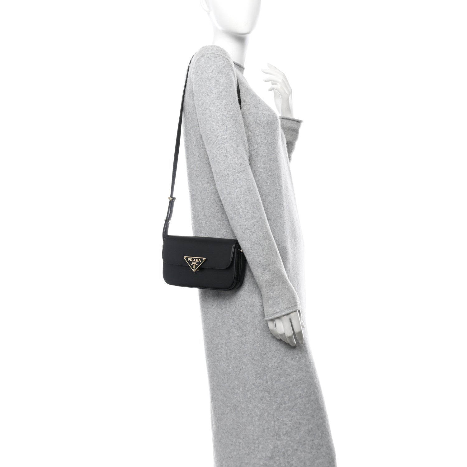 Prada Soft Calfskin Metal Triangle Logo Flap Shoulder Bag Black 2 of 10