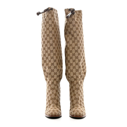 Gucci Monogram Malaga Kid Lisa Mid Heel Boots 39.5 Beige Ebony 2 of 9