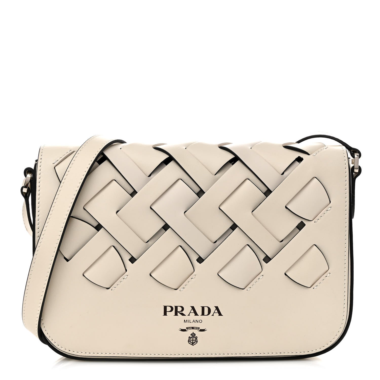 Prada Vitello Intreccio Tress Shoulder Bag White Black 1 of 10