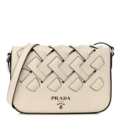 Prada Vitello Intreccio Tress Shoulder Bag White Black 1 of 10