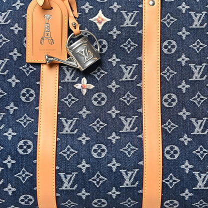 Louis Vuitton Denim Monogram Flowers Keepall Bandouliere 50 Blue 6 of 8