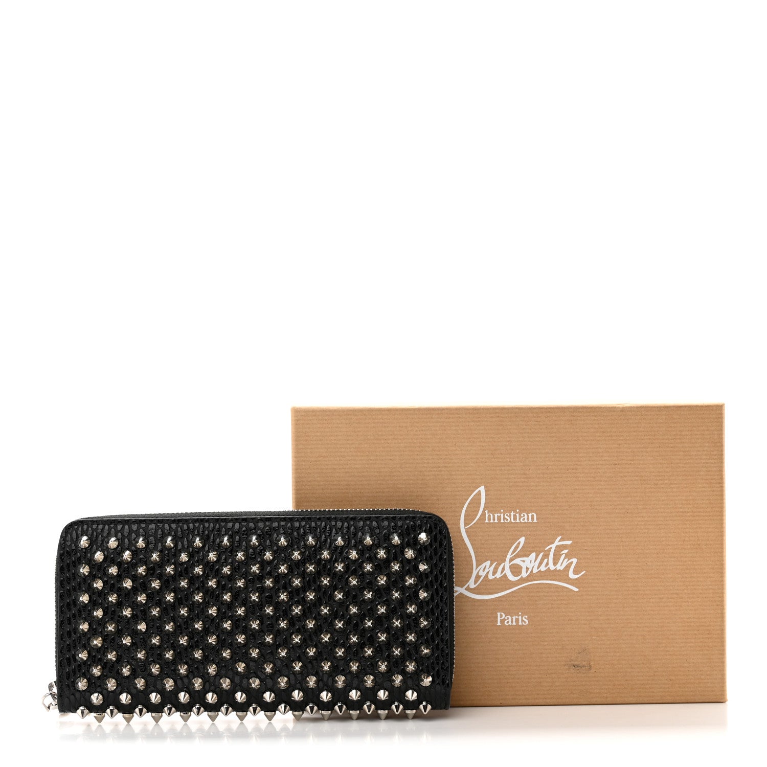 Christian Louboutin Calfskin Snakeskin Embossed Panettone Spiked Zip Around Wallet Black 11 of 11
