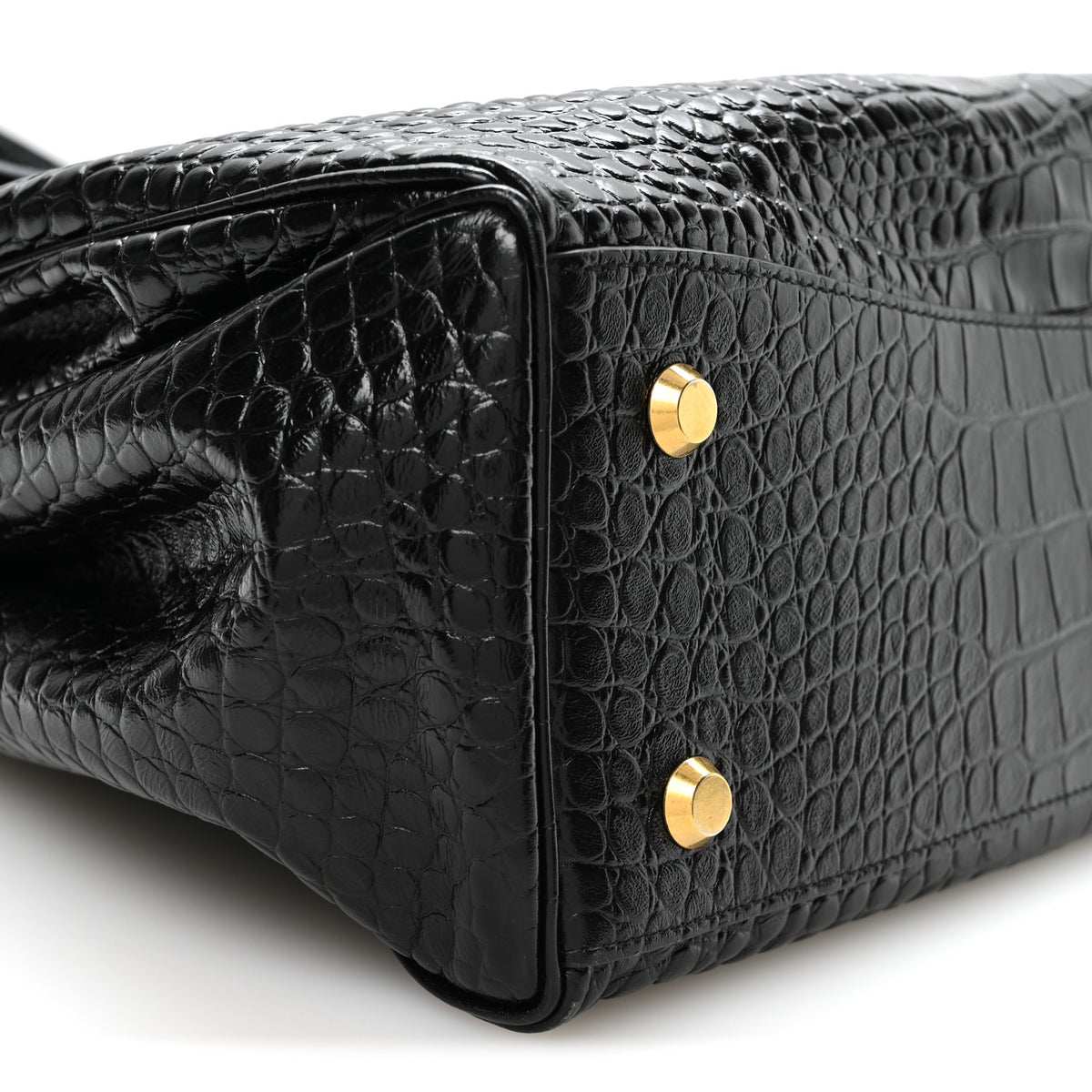 Shiny Calfskin Crocodile Embossed Large Rodeo Top Handle Handbag Black