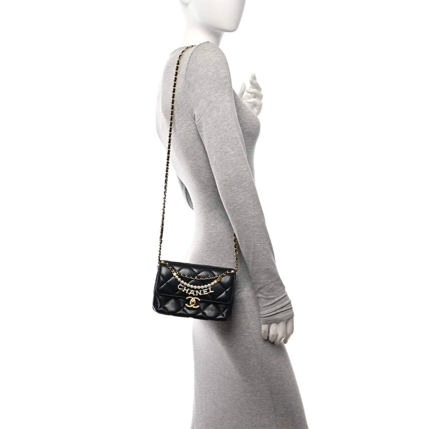 Shiny Lambskin Quilted Mini Pearl Logo Flap Black