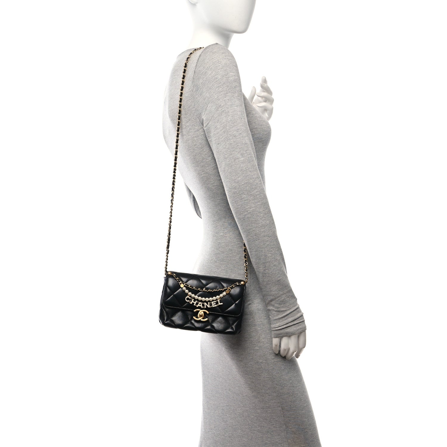 Chanel Shiny Lambskin Quilted Mini Pearl Logo Flap Black 3 of 10