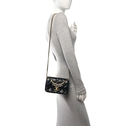 Chanel Shiny Lambskin Quilted Mini Pearl Logo Flap Black 3 of 10