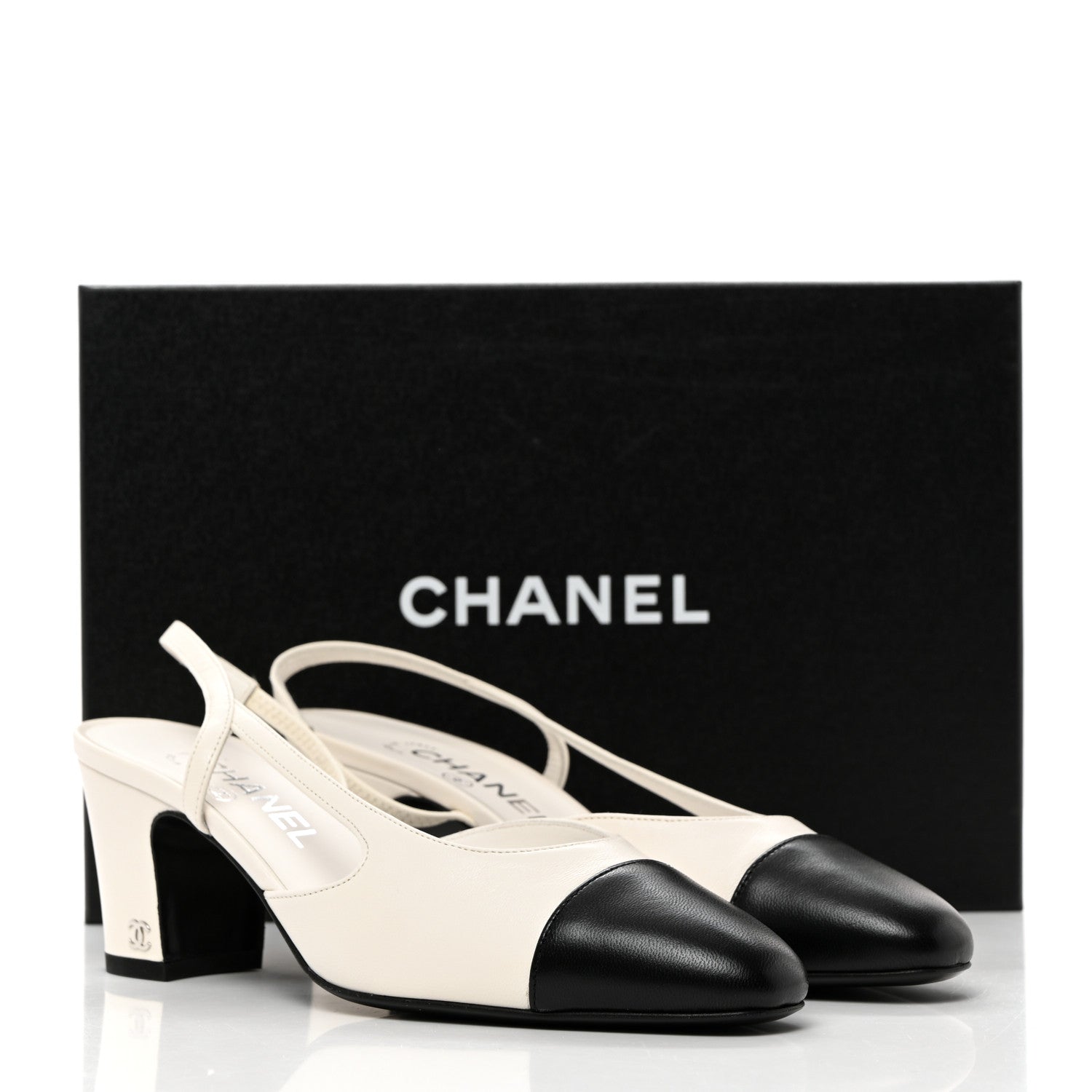 Chanel Lambskin Cap Toe CC Slingback Pumps 37.5 White Black 2 of 9
