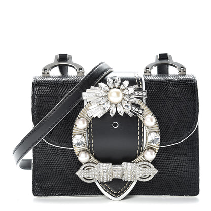 Miu Miu Embossed Lizard Calfskin Crystal Embellished Saint Lucertola Shoulder Bag Black 1 of 12