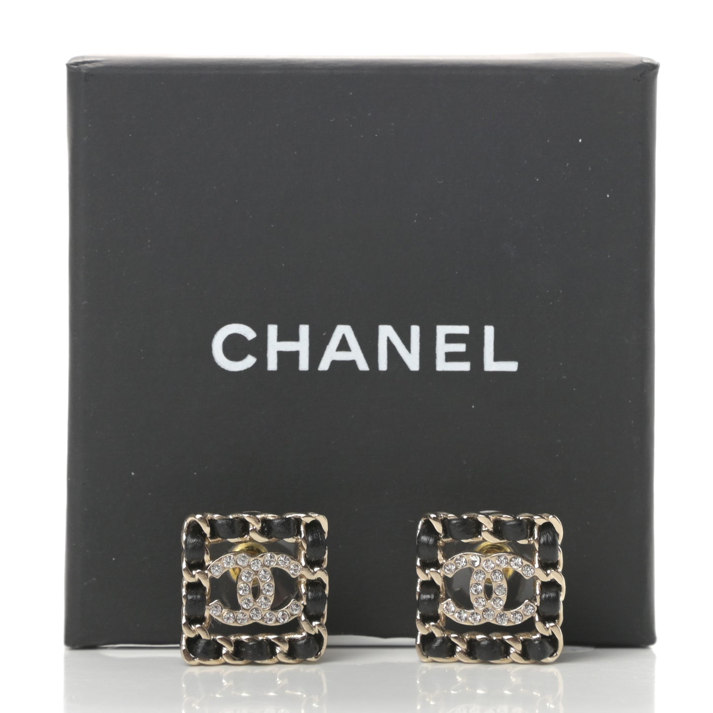 Crystal Lambskin Chain Sergeant Chanel Stud Earrings Black Gold