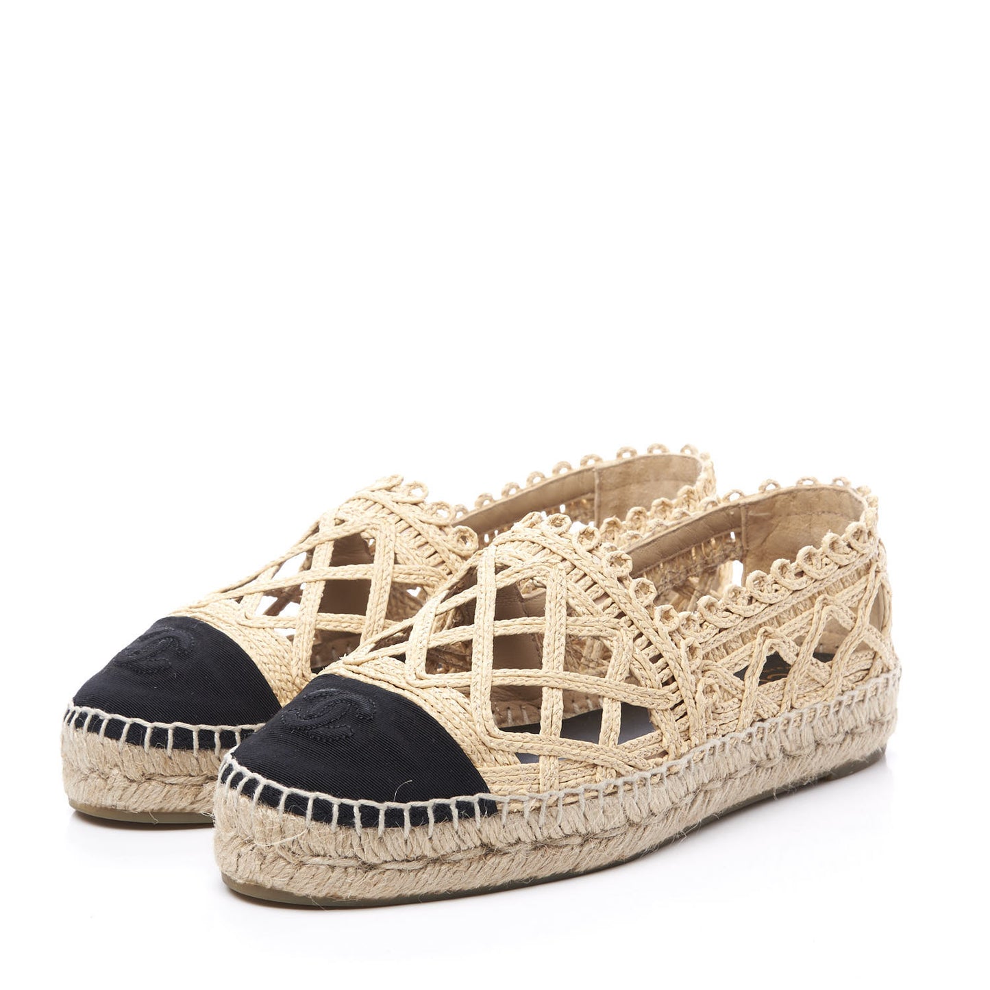 Woven Fabric Grosgrain CC Espadrilles 38 Beige Black