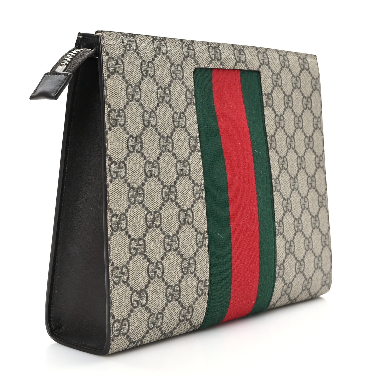 GG Supreme Monogram Selleria Calfskin Web New Web Cosmetic Case Beige Ebony Cocoa