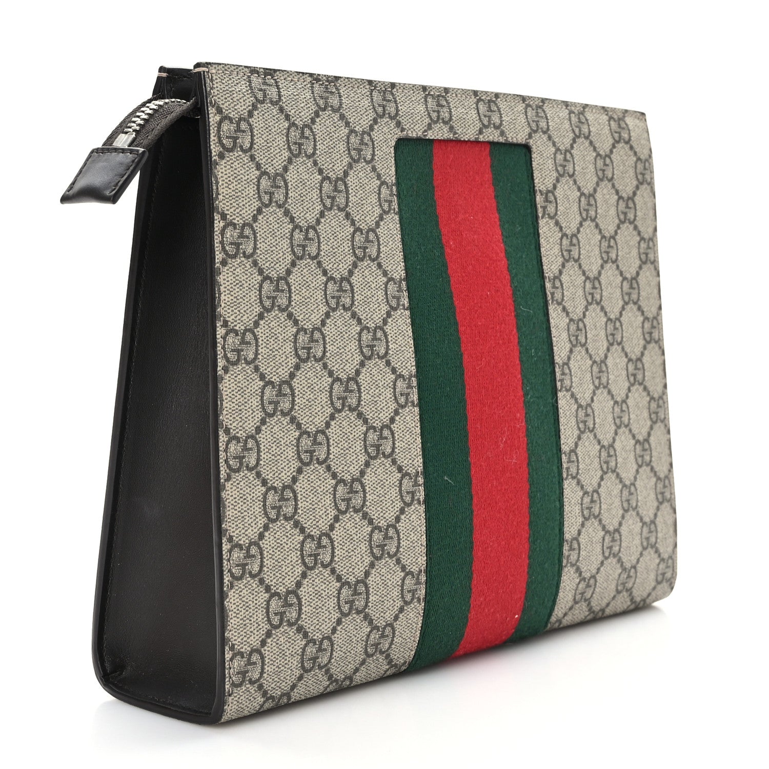 Gucci GG Supreme Monogram Selleria Calfskin Web New Web Cosmetic Case Beige Ebony Cocoa 3 of 9