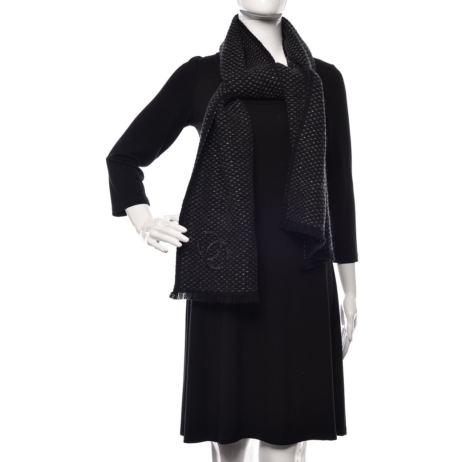 Chanel Cashmere CC Woven Scarf Black Grey 2 of 4