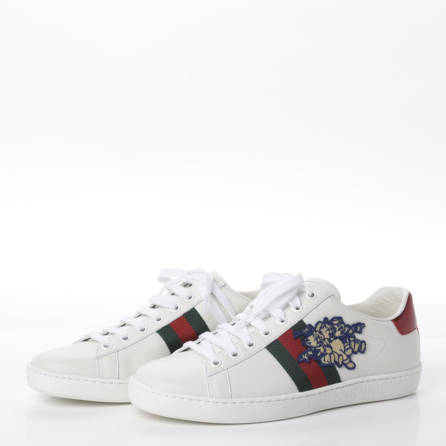 X DISNEY Calfskin Web Three Little Pigs Embroidered Womens Ace Sneakers 37.5 White Red Green