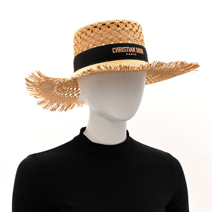 Christian Dior Straw Embroidered Bob Naughtily Large Brim Hat 57 Natural Black 2 of 12