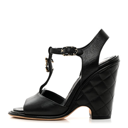 Chanel Lambskin Quilted Chain CC Wedge Sandals 37.5 Black 1 of 8