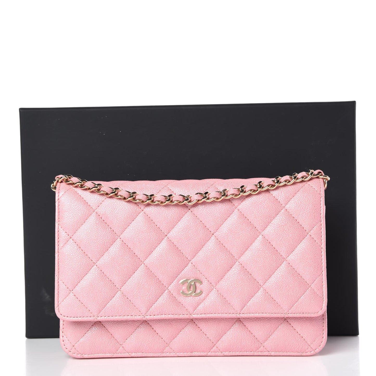 Iridescent Caviar Quilted Wallet on Chain WOC Rose Pink