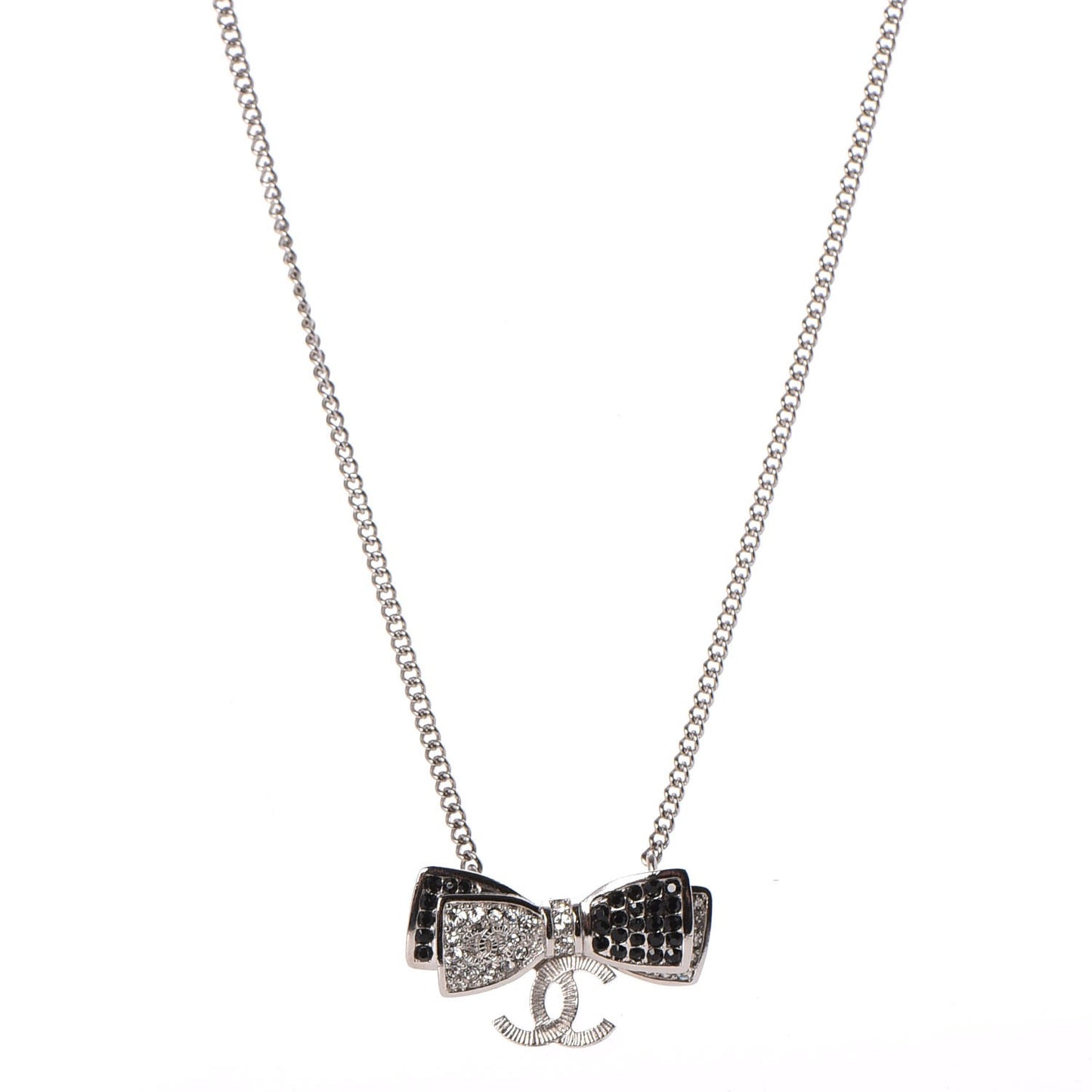 Crystal CC Bow Necklace Silver Black