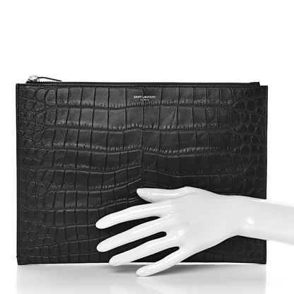Saint Laurent Calfskin Crocodile Embossed Zip Mini Tablet Sleeve Black 2 of 8