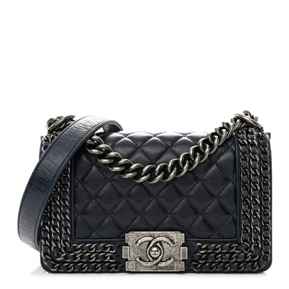 Chanel Glazed Calfskin Quilted Small Boy Chained Flap Navy 1 of 12