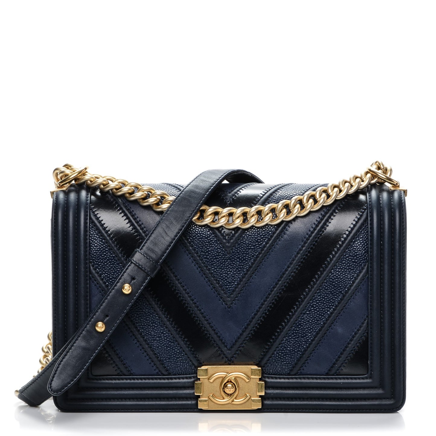 Calfskin Caviar Suede Chevron New Medium Boy Flap Navy