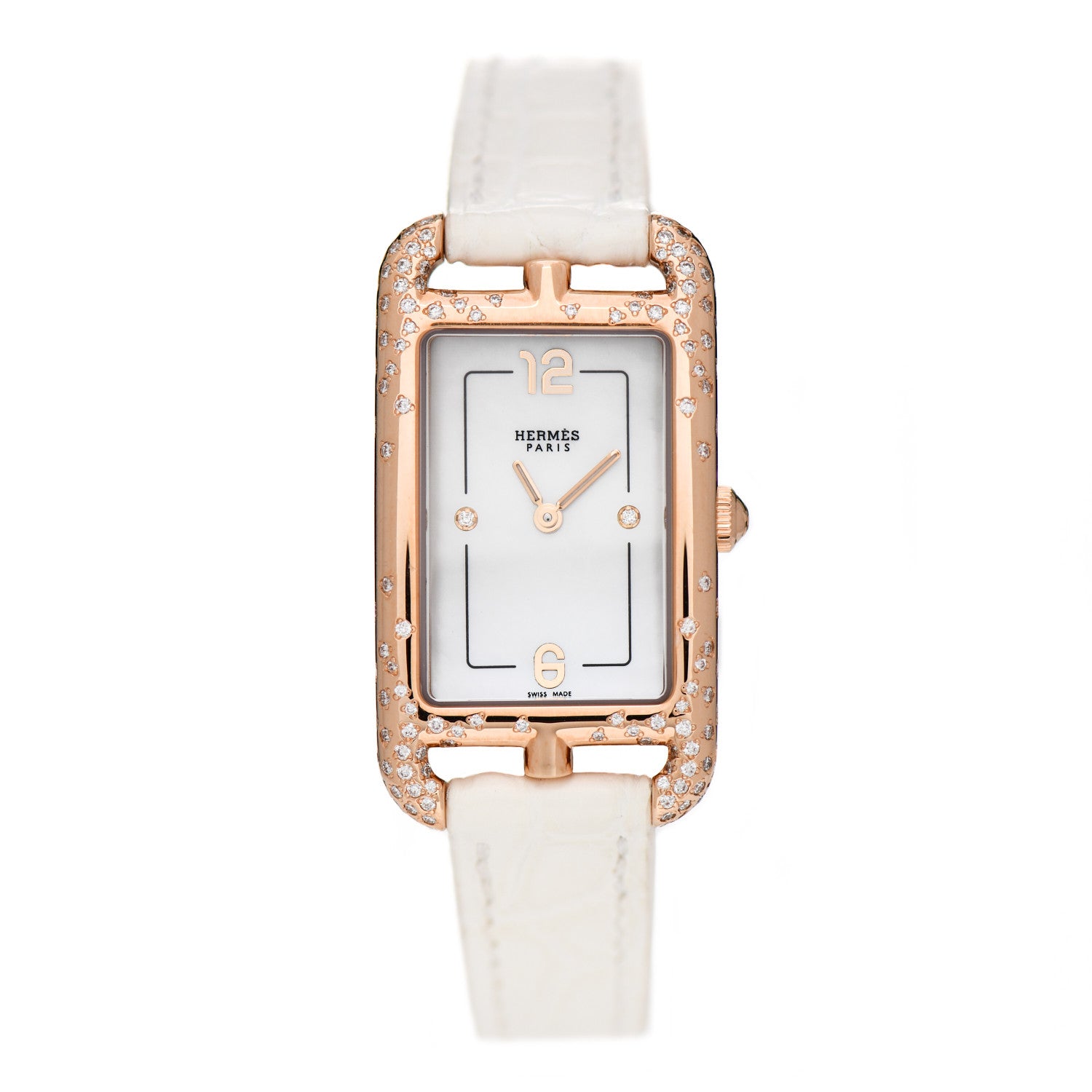 Hermes 18K Rose Gold Alligator Diamond Mother of Pearl 20mm Nantucket Quartz Watch Blanc 1 of 5