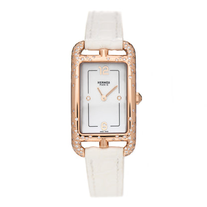 Hermes 18K Rose Gold Alligator Diamond Mother of Pearl 20mm Nantucket Quartz Watch Blanc 1 of 5