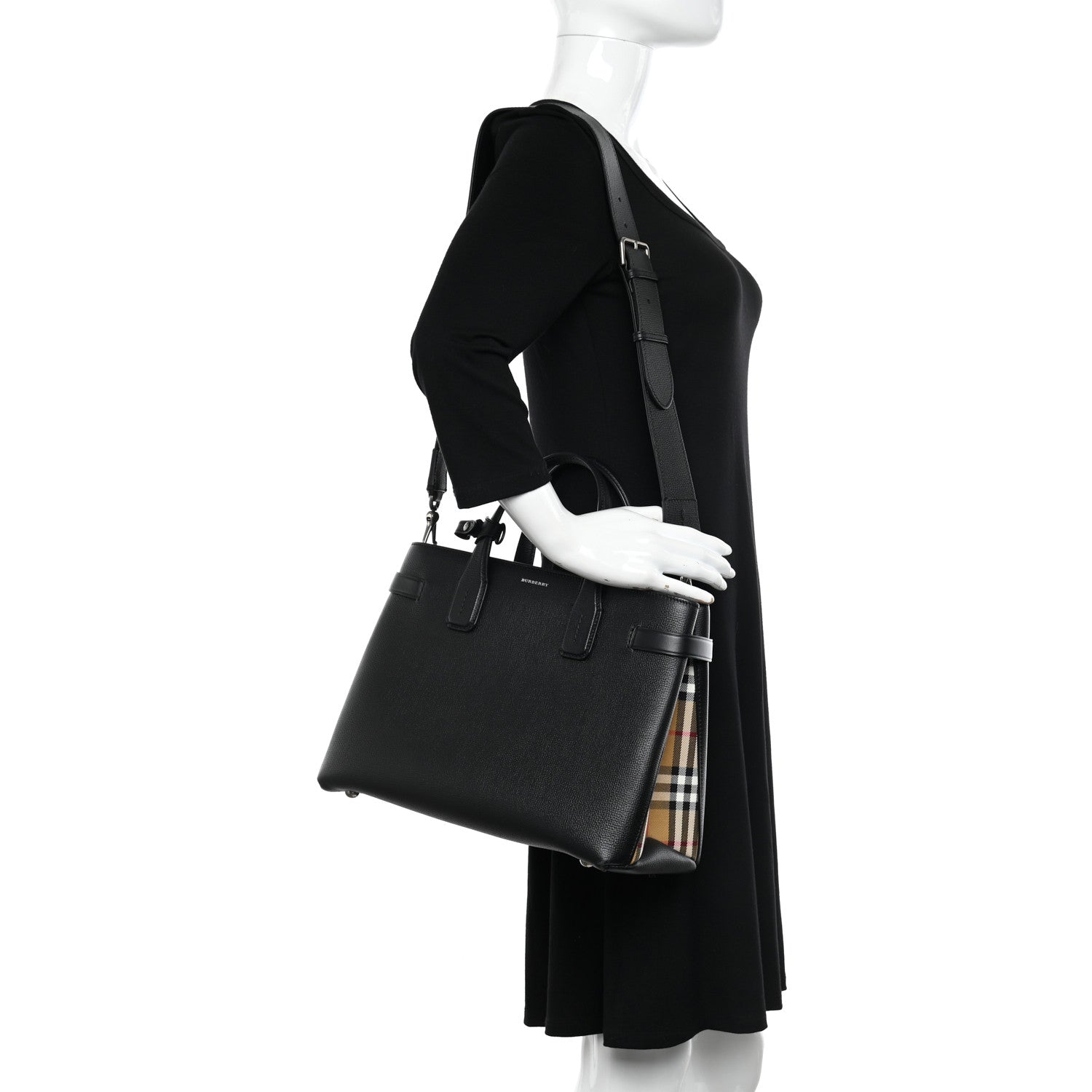 Burberry Grainy Calfskin House Check Medium Banner Tote Black 2 of 10