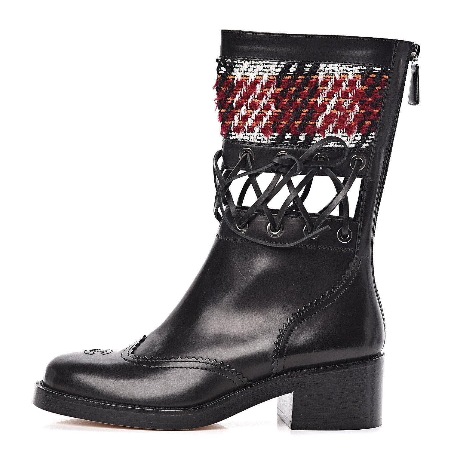 Chanel Tweed Calfskin Lace Up Short Boots 37 Black White Burgundy 1 of 8