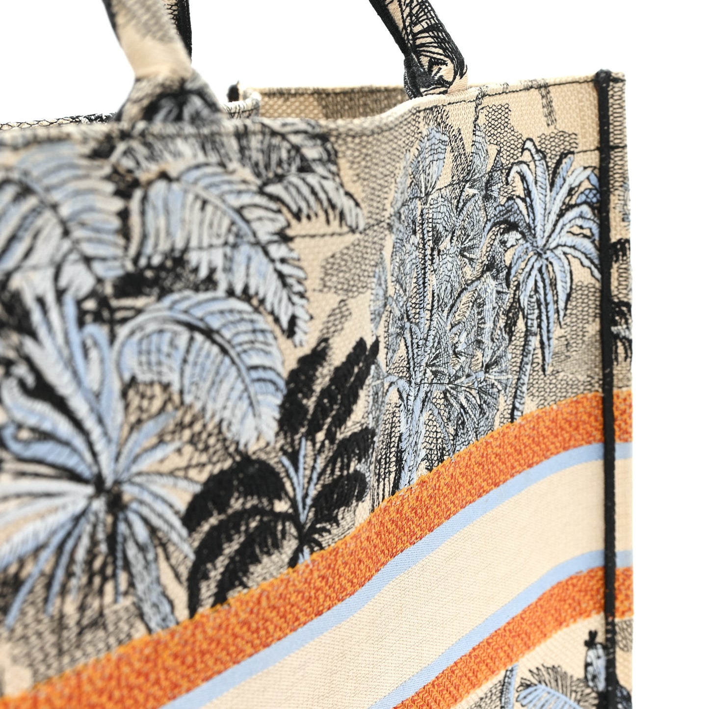 Canvas Embroidered Toile De Jouy Tropicalia Large Book Tote Denim Blue