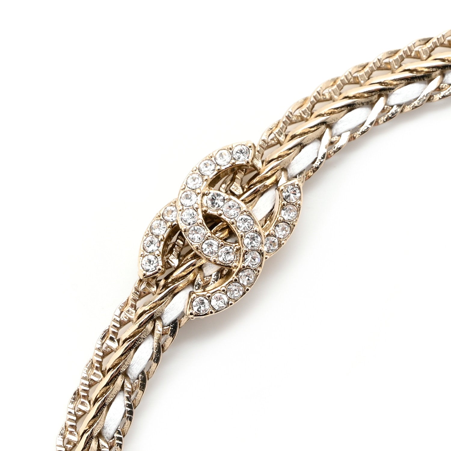 Chanel Metal Lambskin Crystal CC Chain Tie Headband Gold White 3 of 4