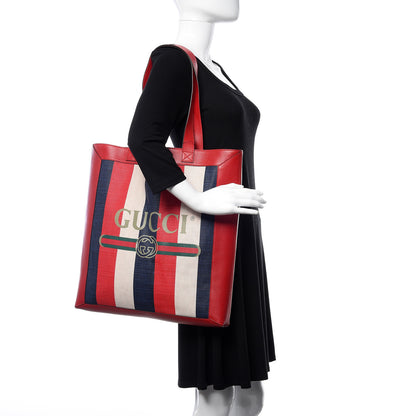 Gucci Canvas Calfskin Sylvie Stripe Logo Mens Tote Red White Blue 2 of 10