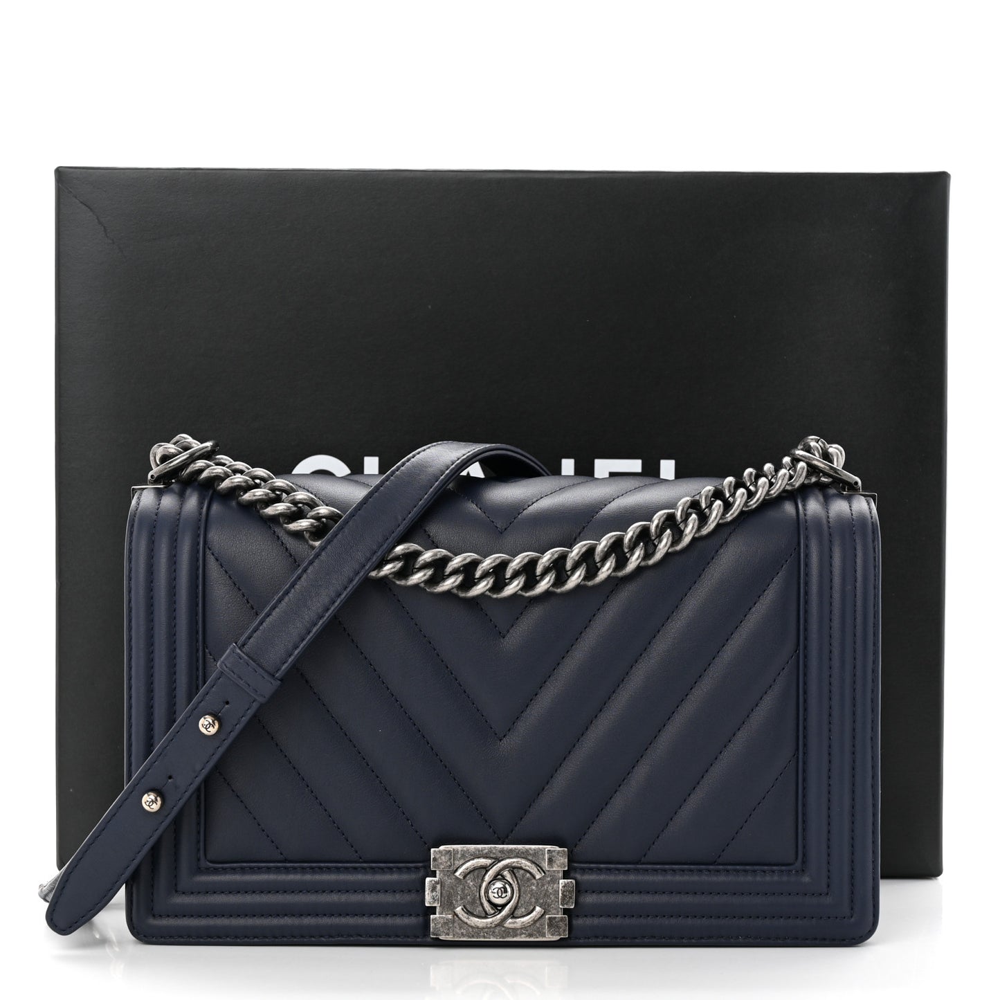 Calfskin Chevron Quilted New Medium Boy Flap Dark Navy Blue
