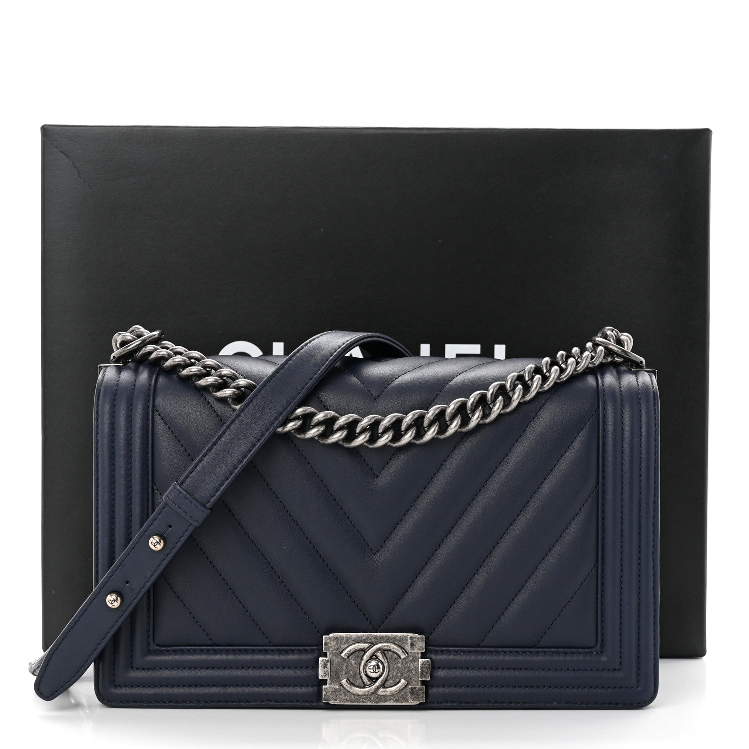 Chanel Calfskin Chevron Quilted New Medium Boy Flap Dark Navy Blue 11 of 11