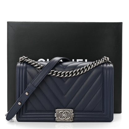 Chanel Calfskin Chevron Quilted New Medium Boy Flap Dark Navy Blue 11 of 11