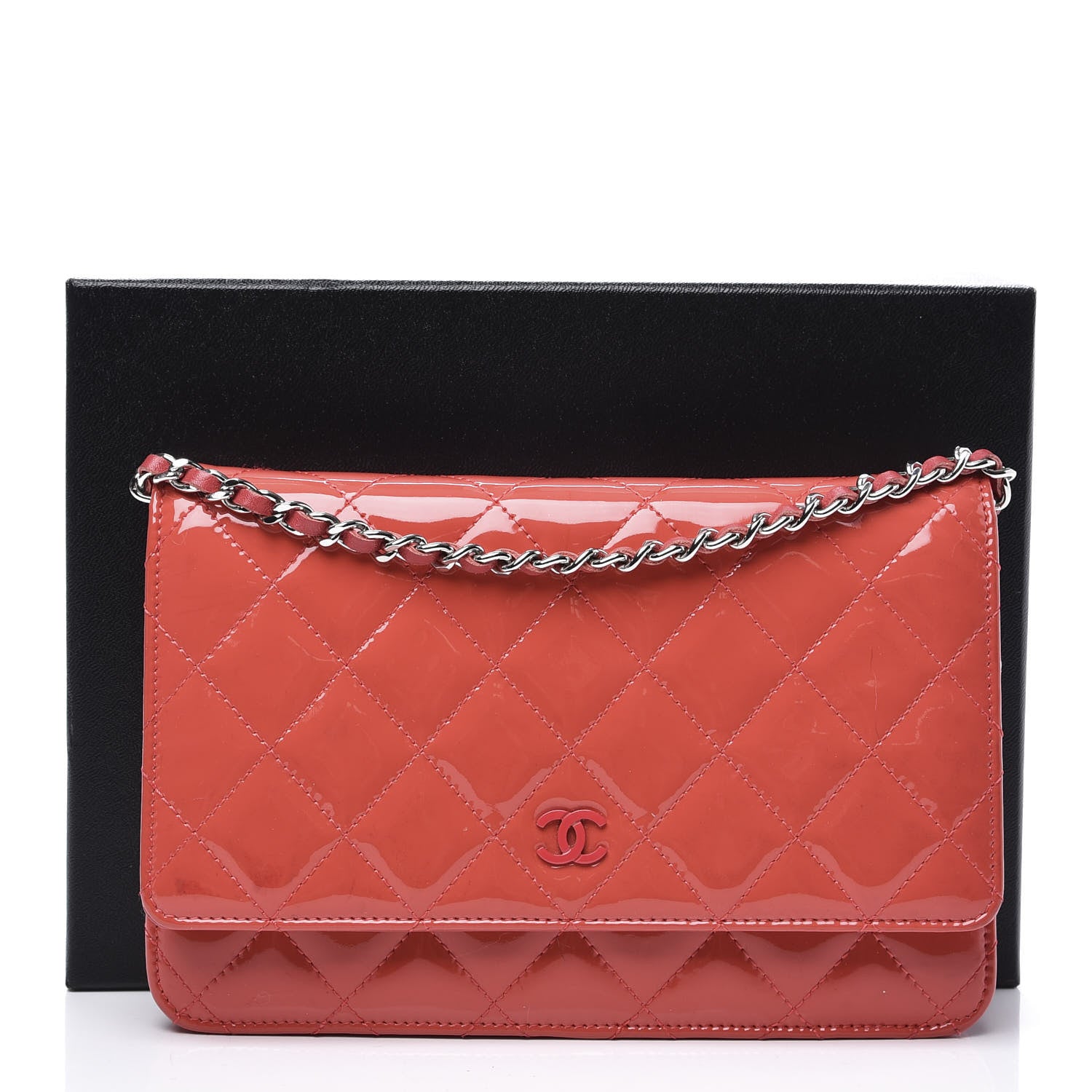 Chanel Patent Quilted Wallet On Chain WOC Dark Pink 12 of 12