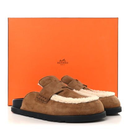 Hermes Suede Goatskin Shearling Go Mules 39 Brun Frume Ecru 11 of 11