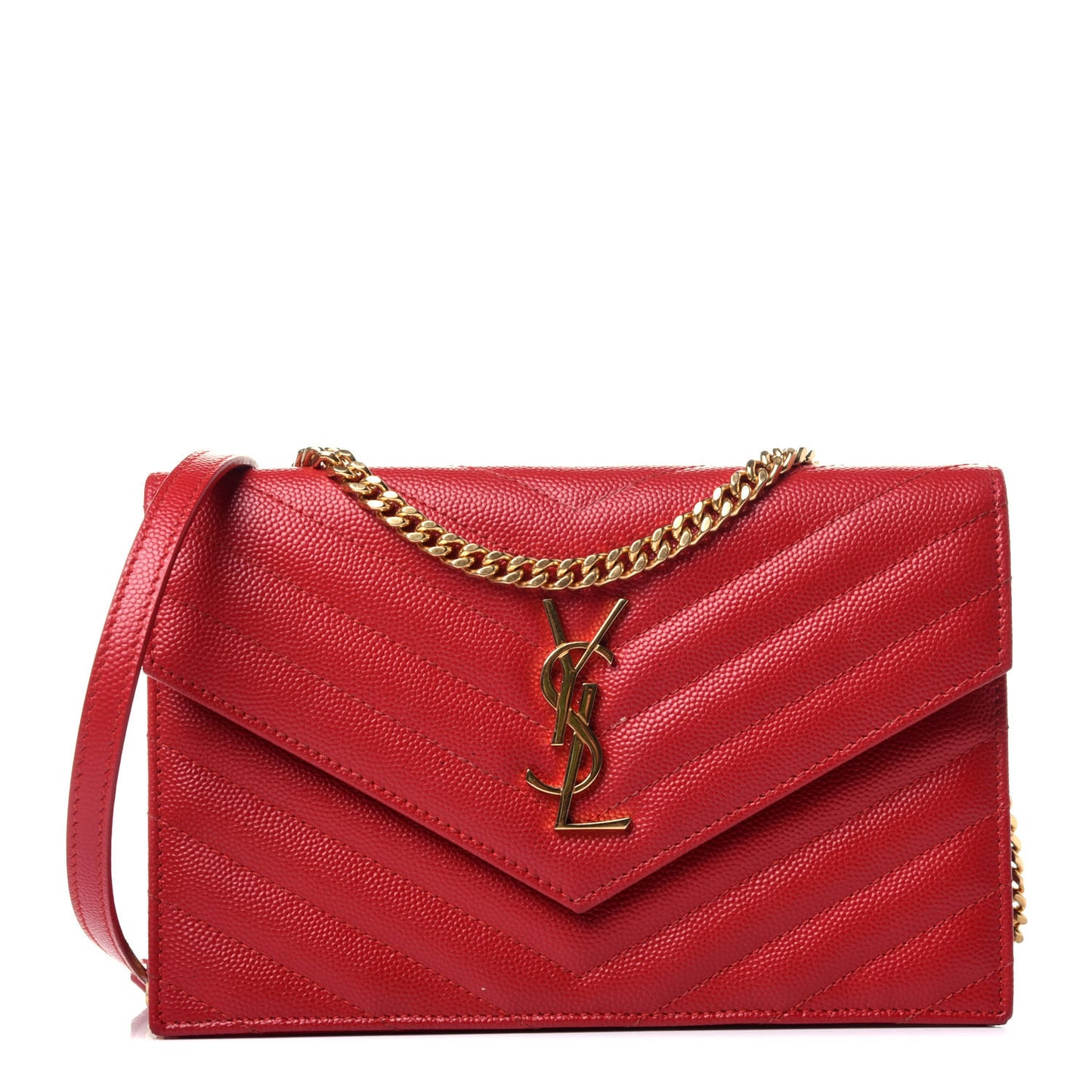 Grain De Poudre Matelasse Chevron Monogram Envelope Chain Wallet New Red