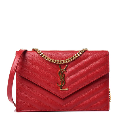 Saint Laurent Grain De Poudre Matelasse Chevron Monogram Envelope Chain Wallet New Red 1 of 10