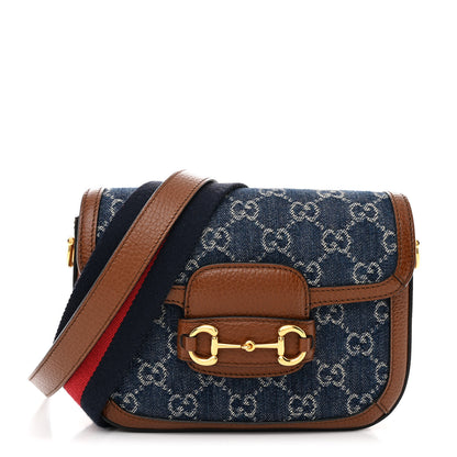 Gucci New Denim GG Monogram Dollar Calfskin Web Mini Horsebit 1955 Shoulder Bag Blue Tea Cuir Epilog 1 of 10