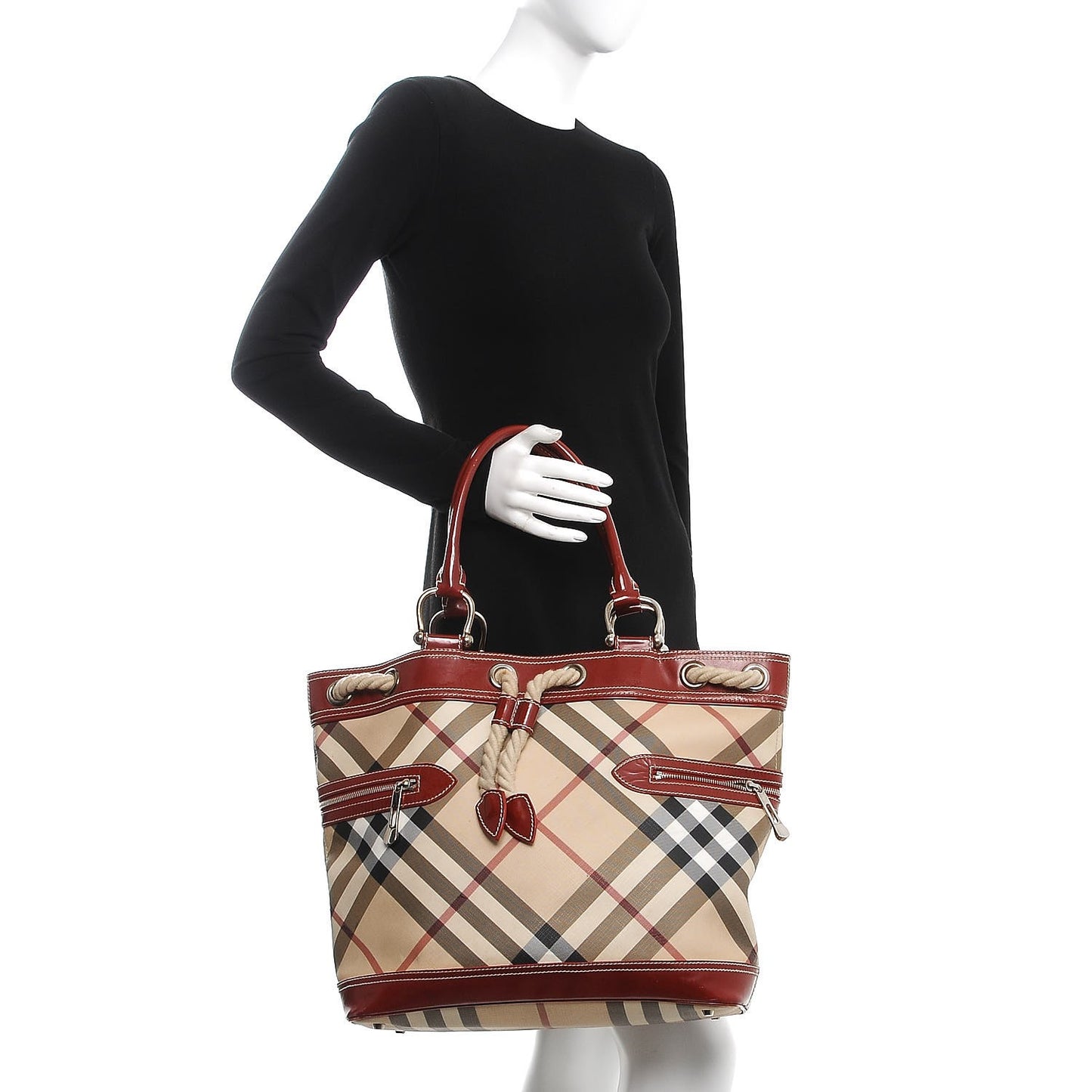 Patent Nova Check Nautical Tote Berry Red
