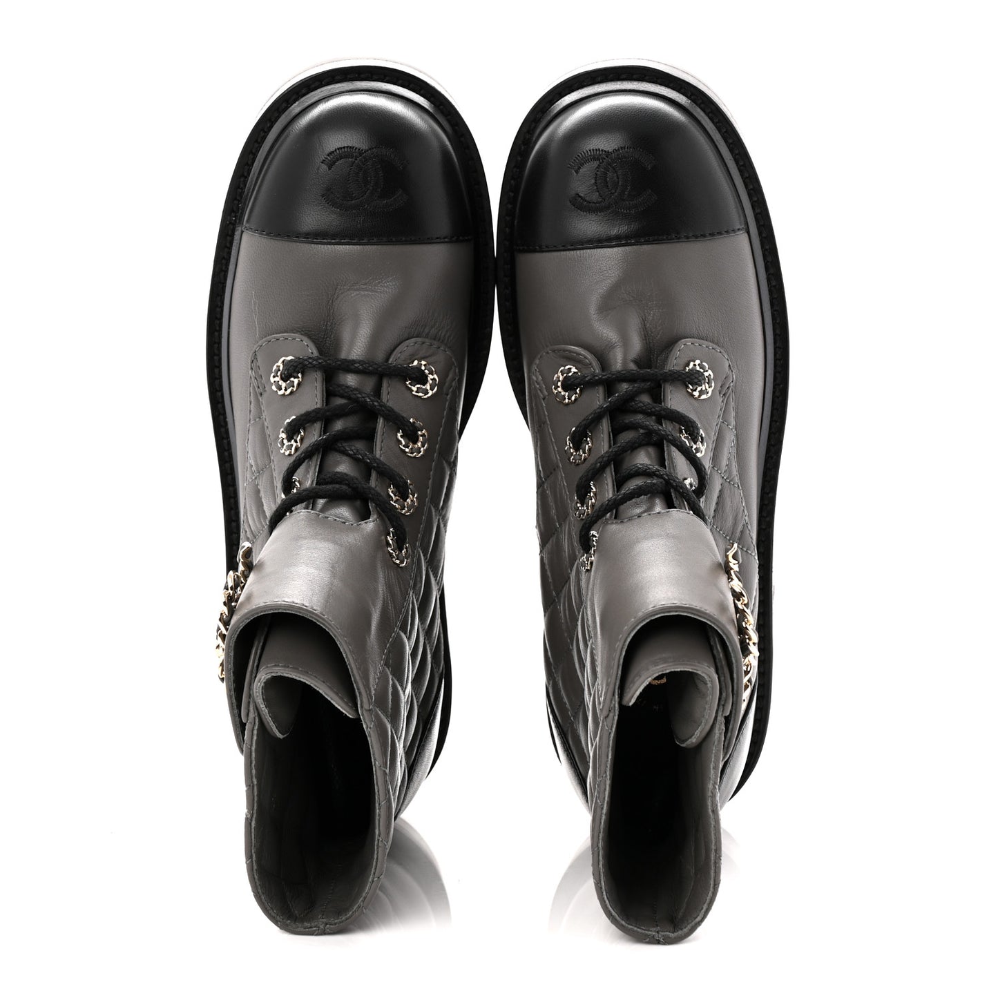 Shiny Lambskin Quilted Lace Up Combat Boots 37 Grey Black