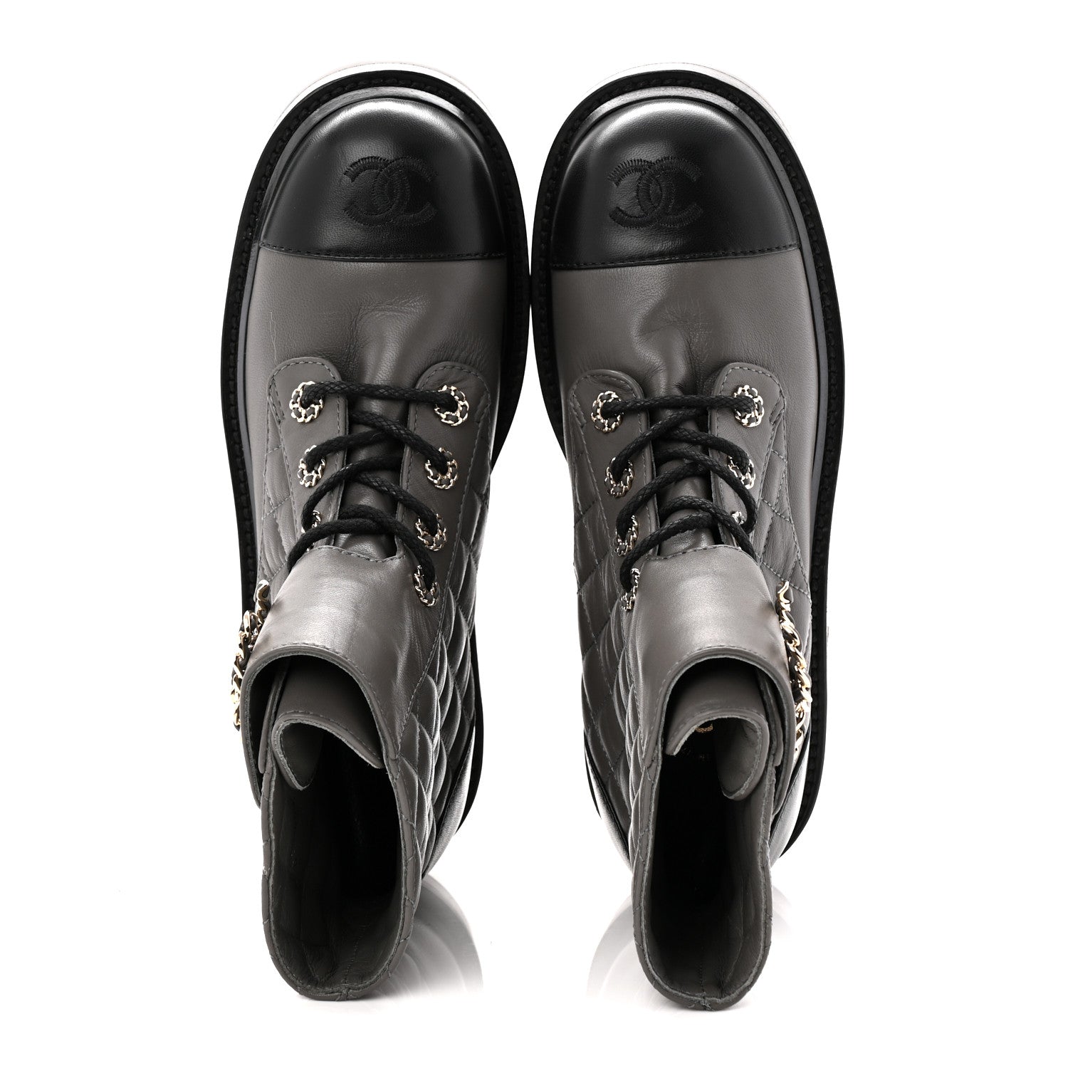 Chanel Shiny Lambskin Quilted Lace Up Combat Boots 37 Grey Black 5 of 11